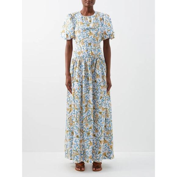Agua Bendita Samba Cutout Back Floral Print Cotton Poplin Maxi Dress Blue Size M - Picture 1 of 13